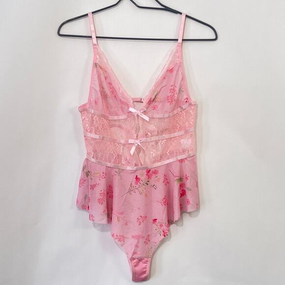 Womens Medium Pink Floral Teddy Lingerie Bodysuit Sheer Lace Adjustable Shein - Picture 1 of 7